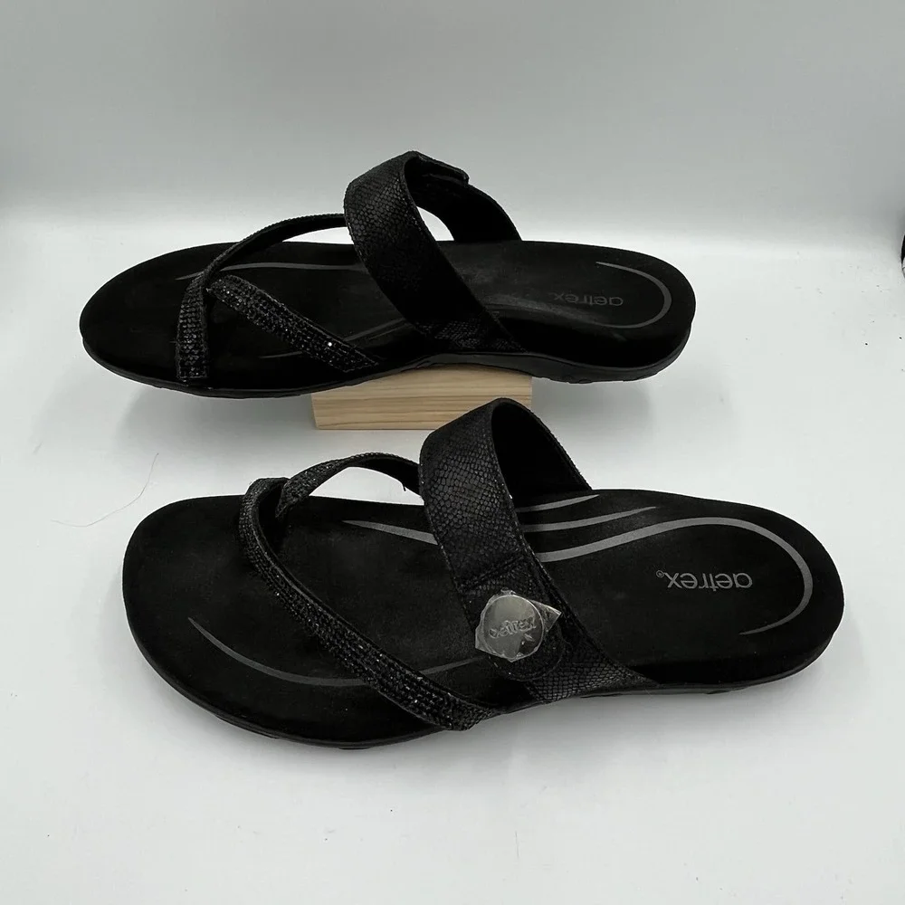 Aetrex Izzy Sparkle Sandals Women's  10 Black Rhinestone Orthotic Comfort Summer